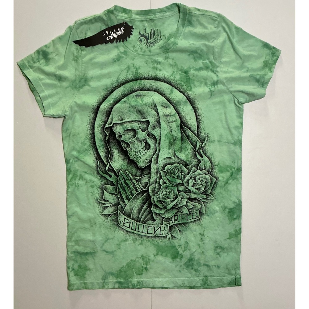 Y2K Sullen Angel Skull Rose‎ Whimsigoth Womens Green Tie Dye T-Shirt M NWT